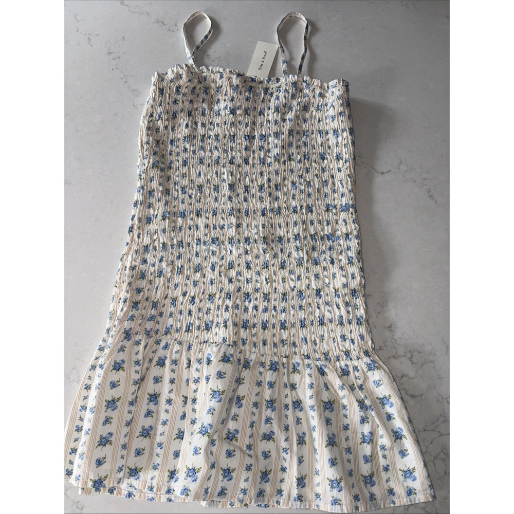 Sim & Sam Spaghetti Strap Tiered Ruffled Floral Dress Lined Smocked Cotton Large